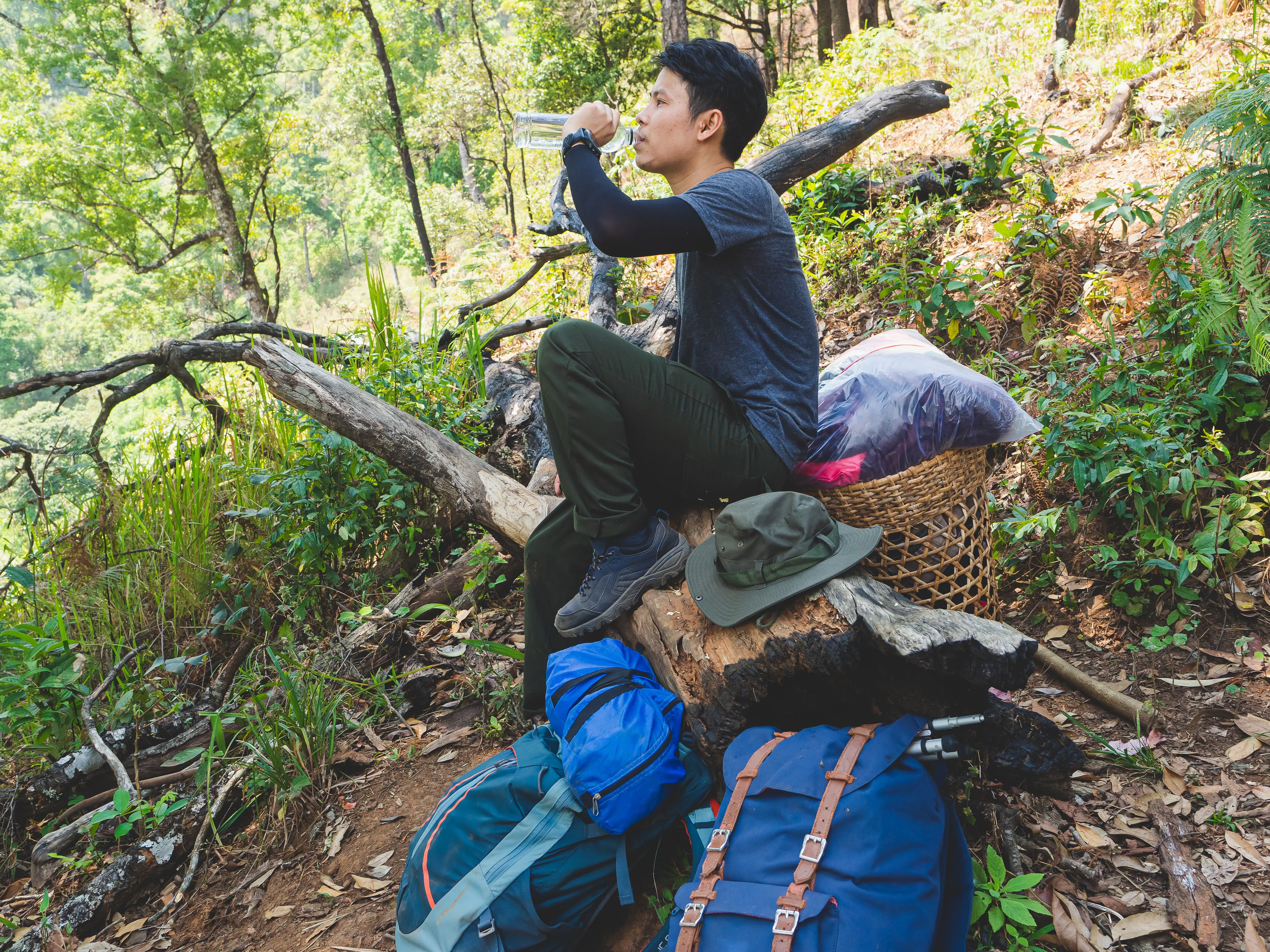 Porträt eines asiatischen Reisenden mit Rucksack auf einer Wanderung im Wald.