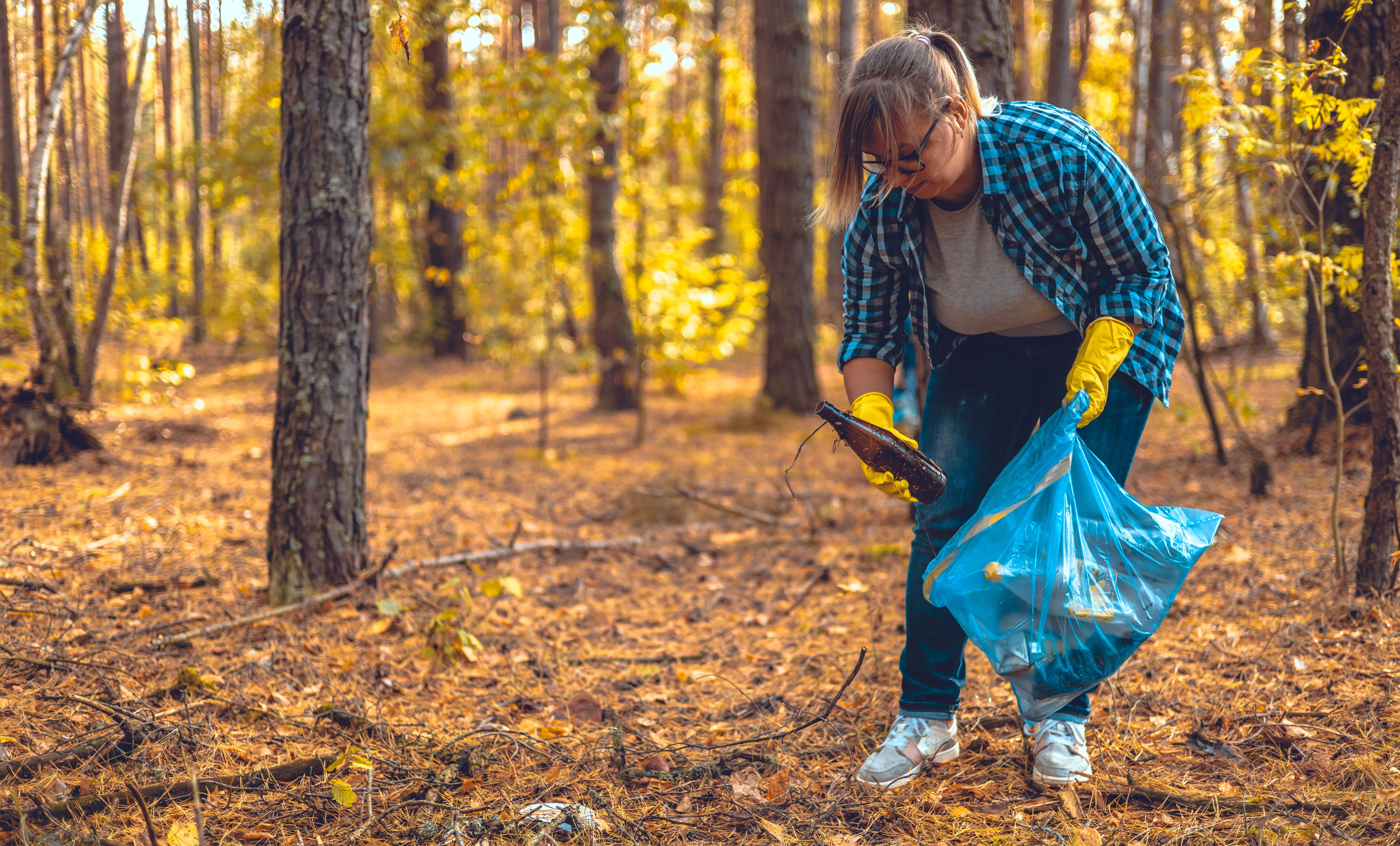 Eine weibliche Freiwillige sammelt Müll im Wald. Eine Frau kämpft dafür, einen Wald davor zu bewahren.