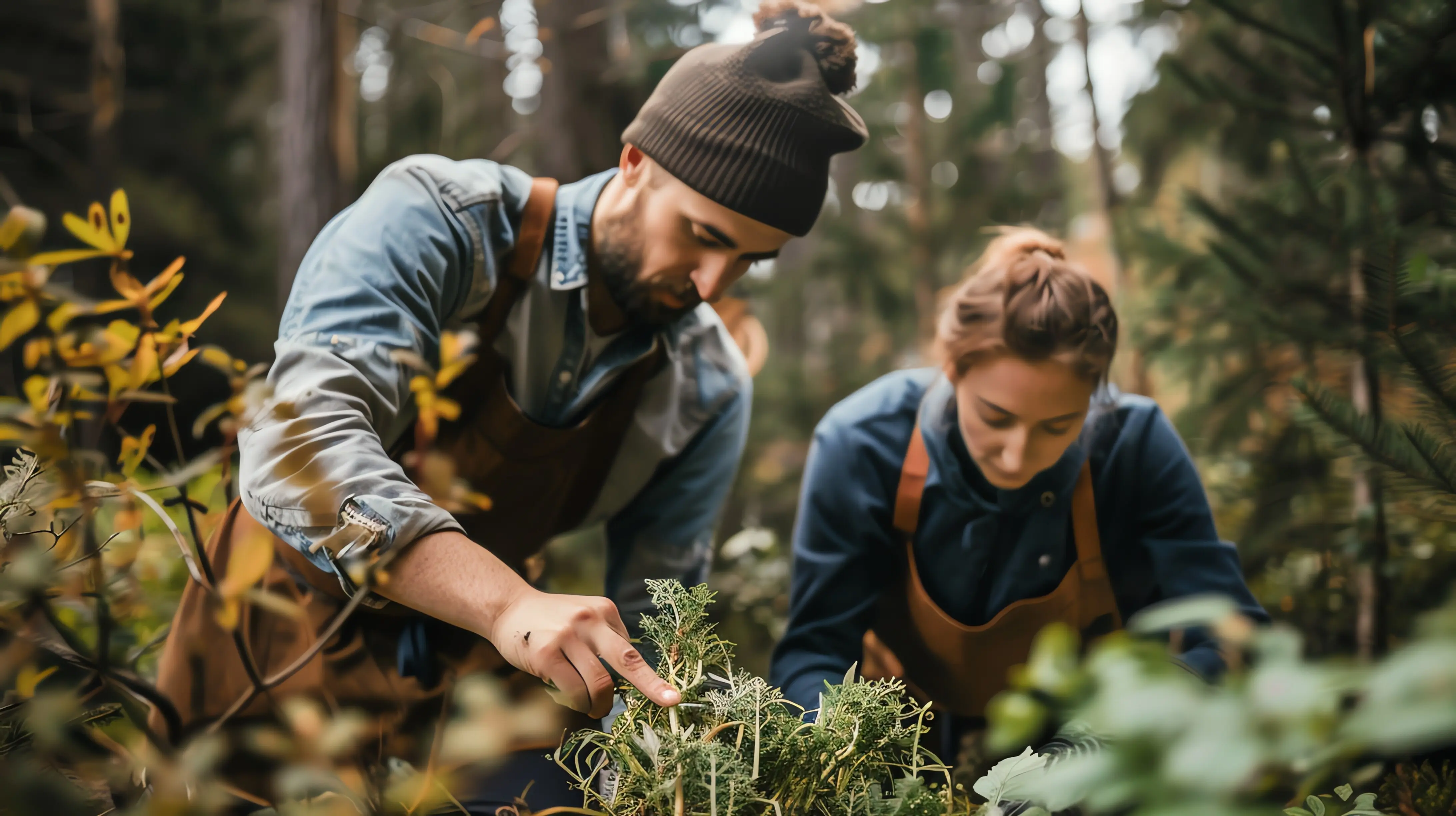 Ein Paar untersucht Pflanzen in einem Wald.