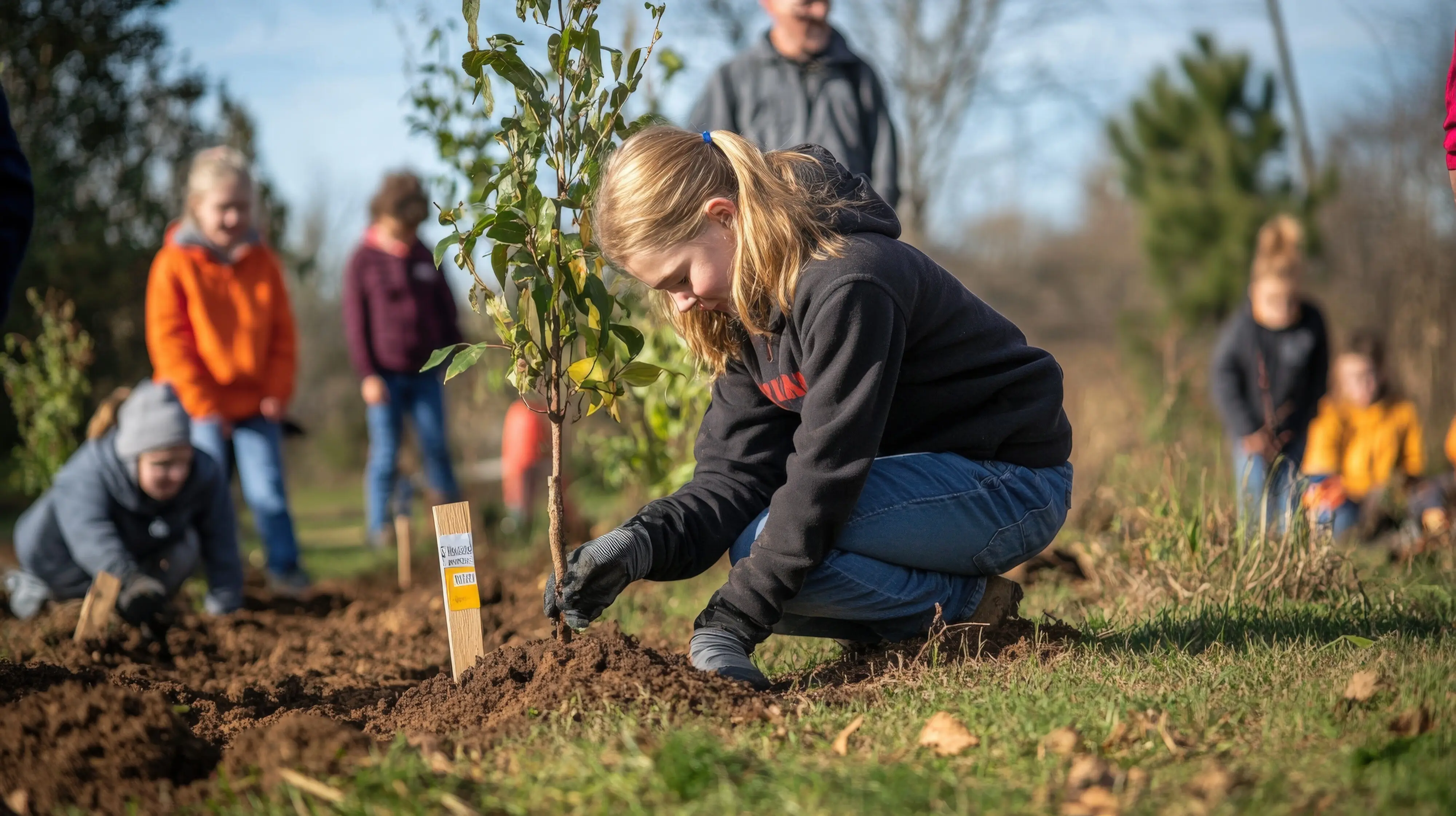 Eine Gruppe von Kindern pflanzt Bäume in einem Gemeinschaftsgarten.