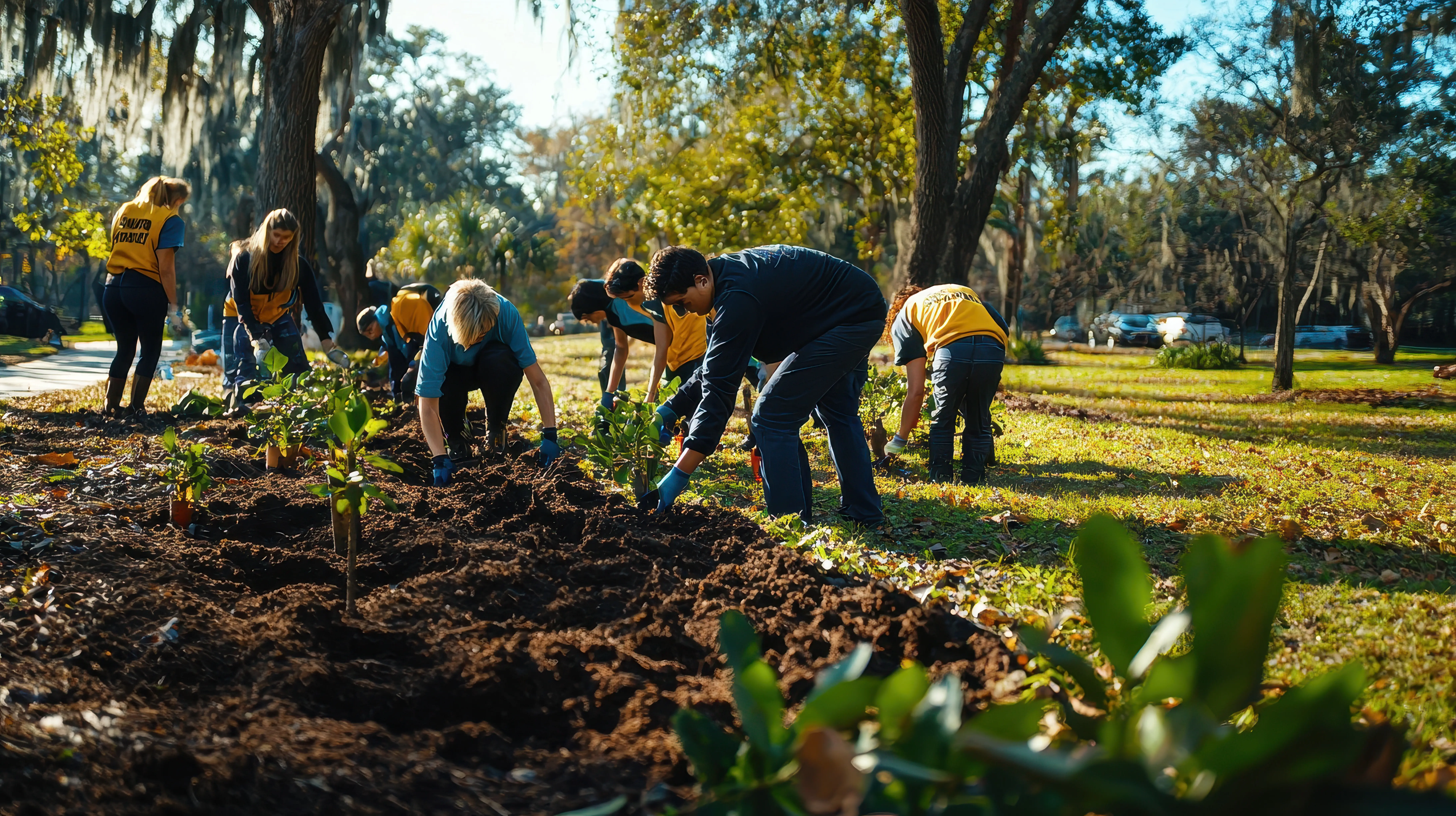 Eine Gruppe von Freiwilligen pflanzt in einem Park Bäume als Teil eines Projekts zur ökologischen Wiederherstellung.